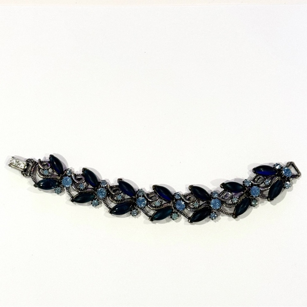 Vintage Florenza Blue Rhinestone Navette Marquise Bracelet Silver Tone Statement - Picture 3 of 16
